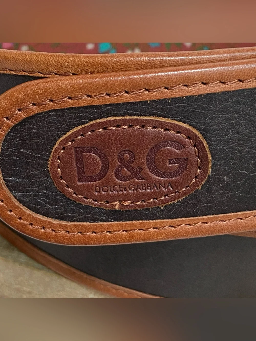 D&G Dolce & Gabbana Dark Brown Tan Floral Leather Belt with Brass Buckle Size 90